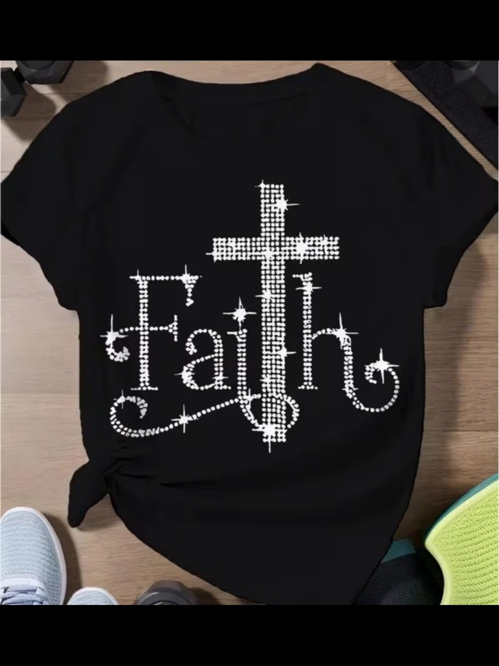 Faith Cross Rhinestone Black Tee - Picture 1 of 3